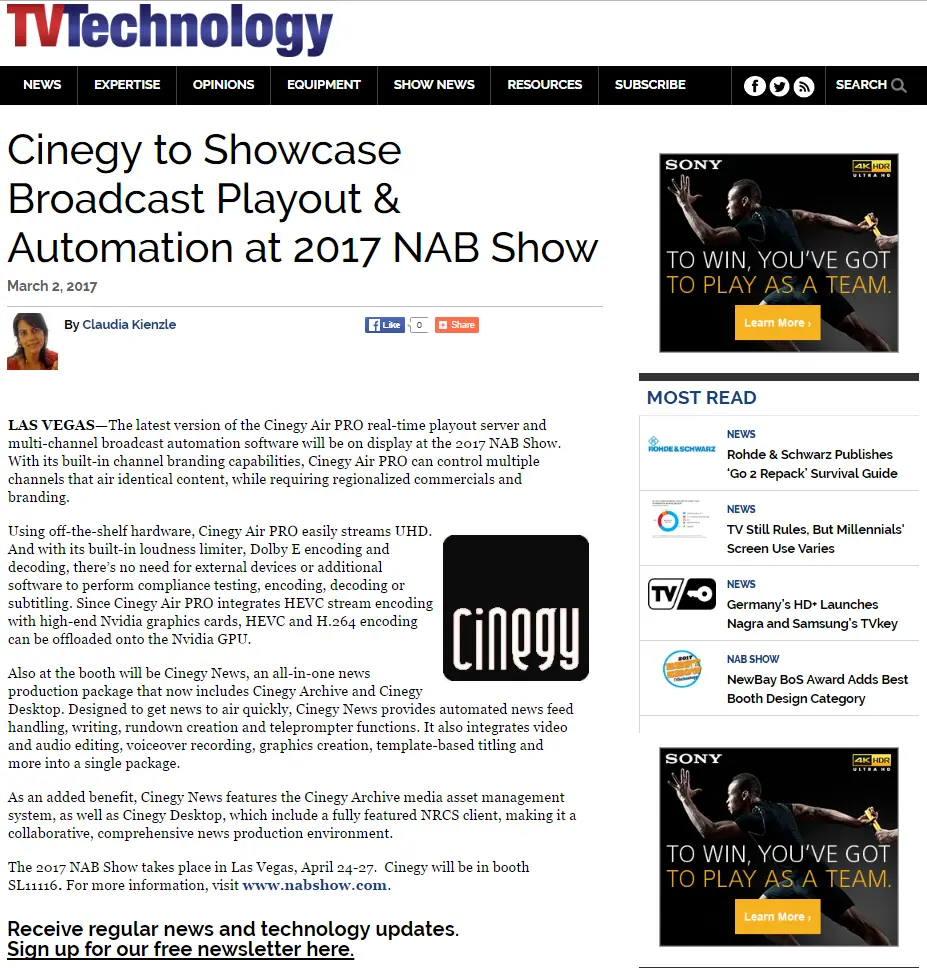 TVTechnology Cinegy NAB2017